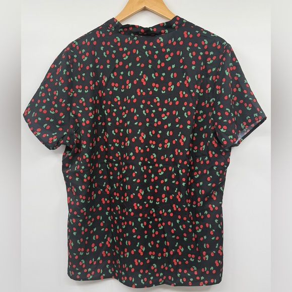 Bow Tie Neck Short Sleeve Printed Chiffon Blouse Black-Cherry SZ XL - Picture 6 of 9
